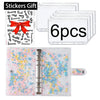 A set of six clear plastic stickers with a red bow and a pink planner sheet featuring various financial categories