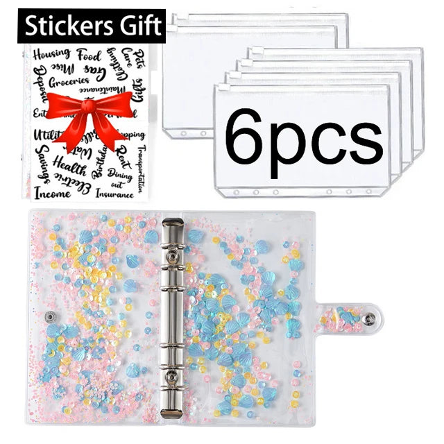 A set of six clear plastic stickers with a red bow and a pink planner sheet featuring various financial categories