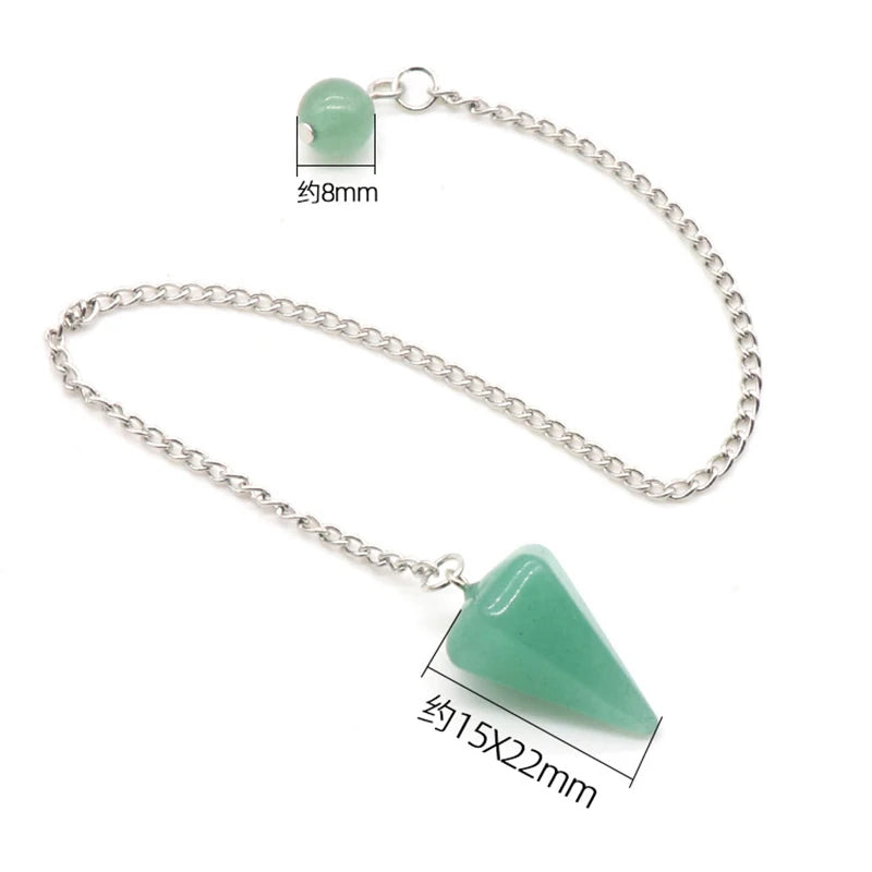 Silver chain necklace with a light green natural stone pendant shaped like a triangle