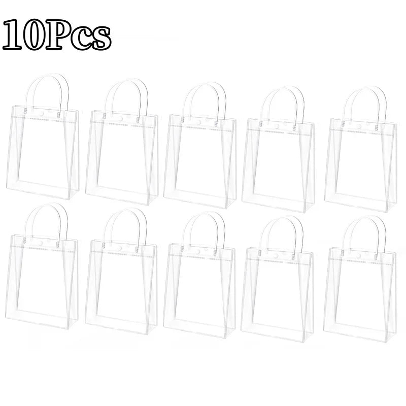 Ten clear reusable PVC gift bags with handles displayed side by side.
