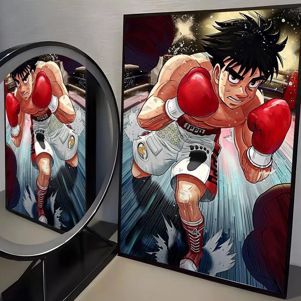 A dynamic comic art poster of a boxer with dark hair and red gloves in action.