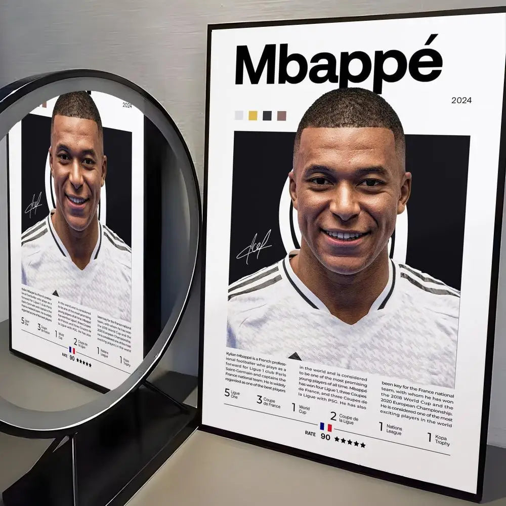 A framed poster featuring Kylian Mbappé celebrating a goal, with the title Mbappé and the year 2024.