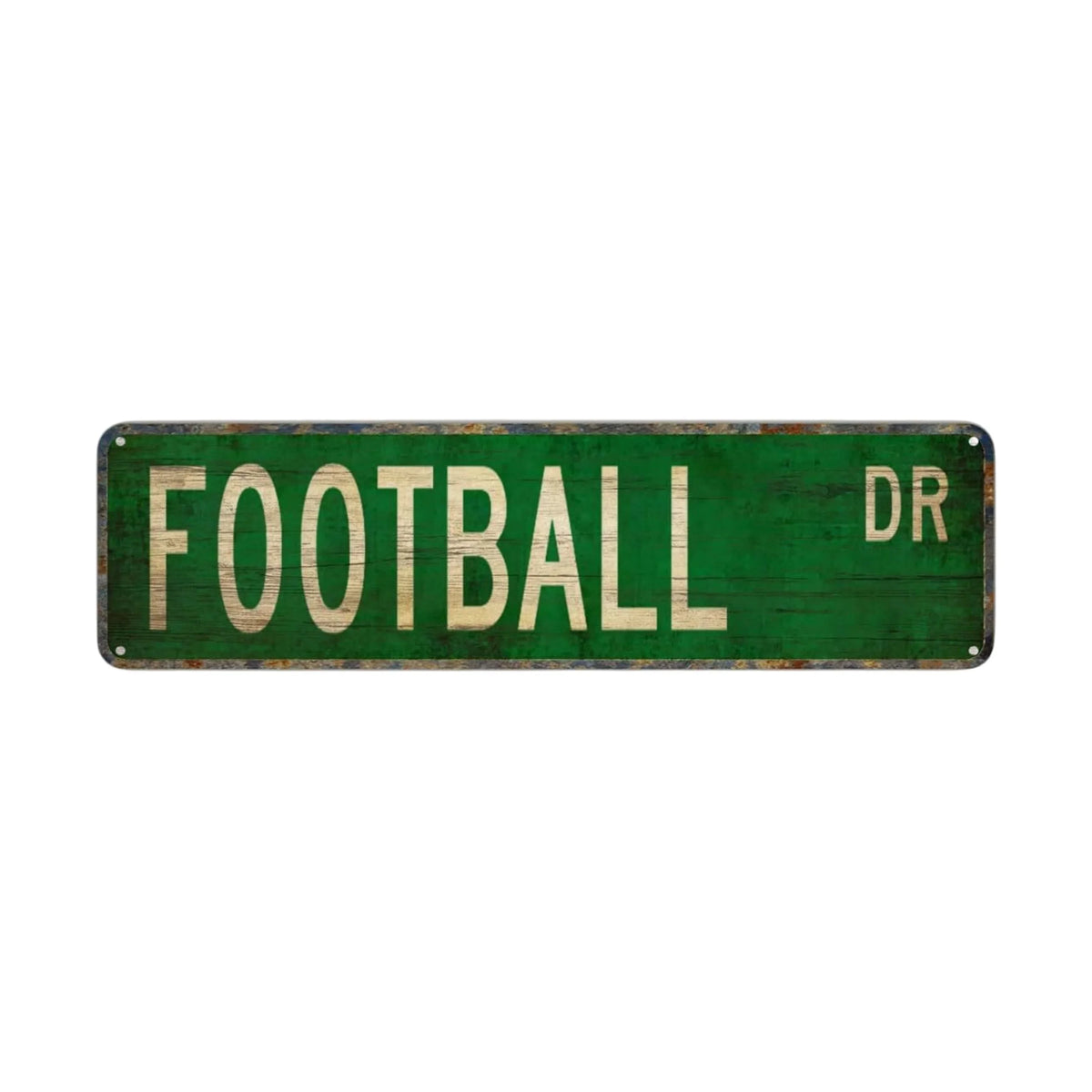 Vintage metal sign with green background and white text reading FOOTBALL DR