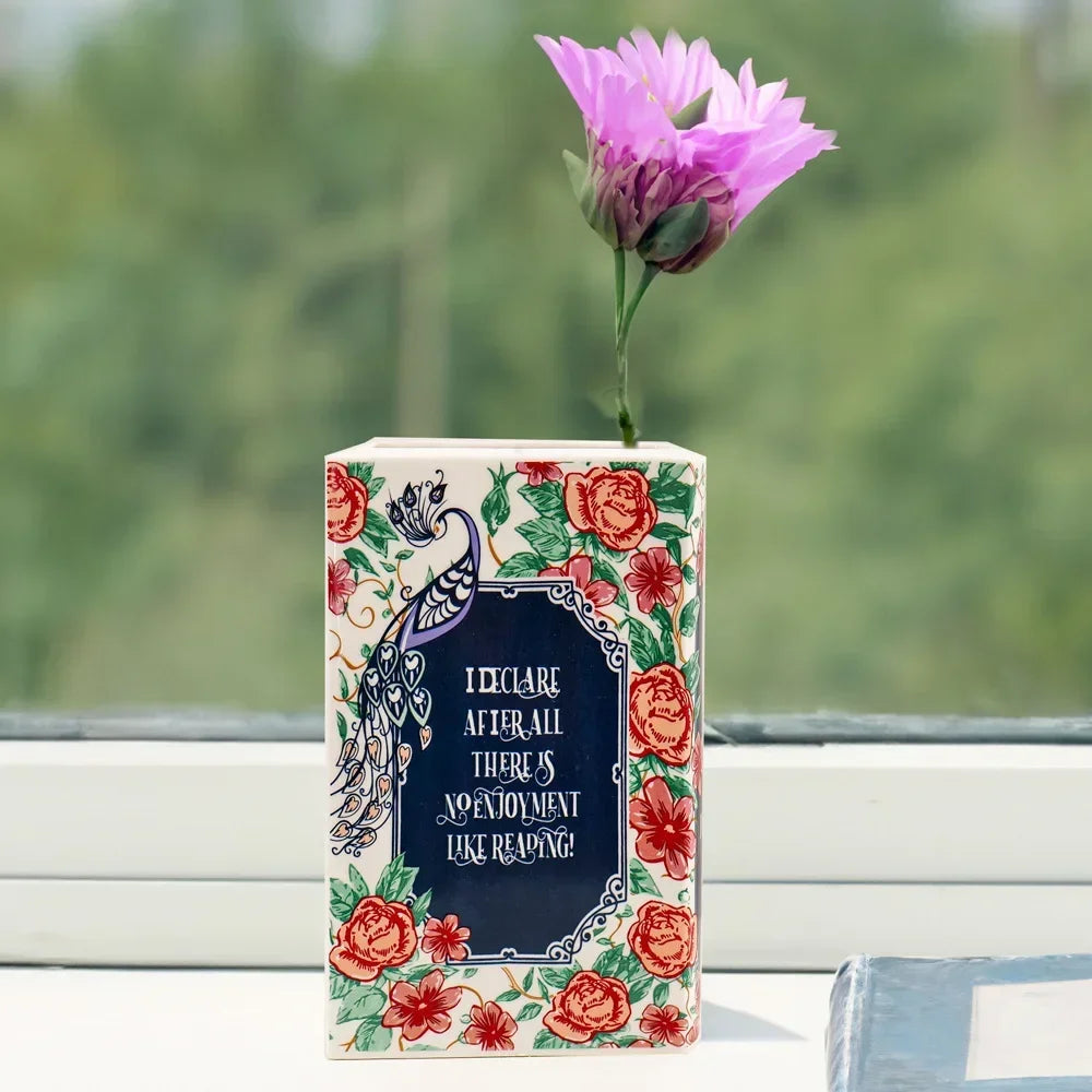 Hand-Painted Ceramic Book Vase with Blooming Flowers