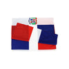 A rectangular hanging banner displaying the flag of the Dominican Republic with a national coat of arms.