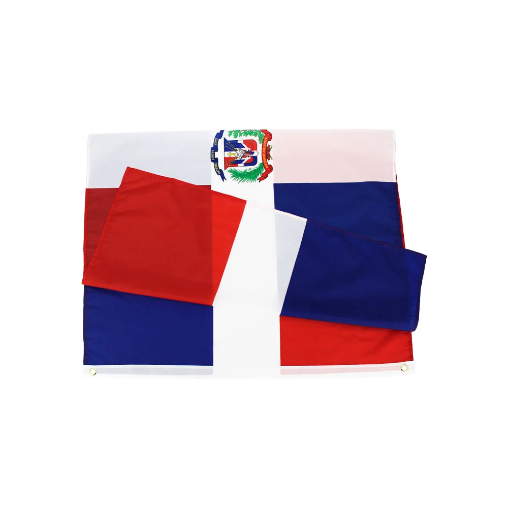 A rectangular hanging banner displaying the flag of the Dominican Republic with a national coat of arms.