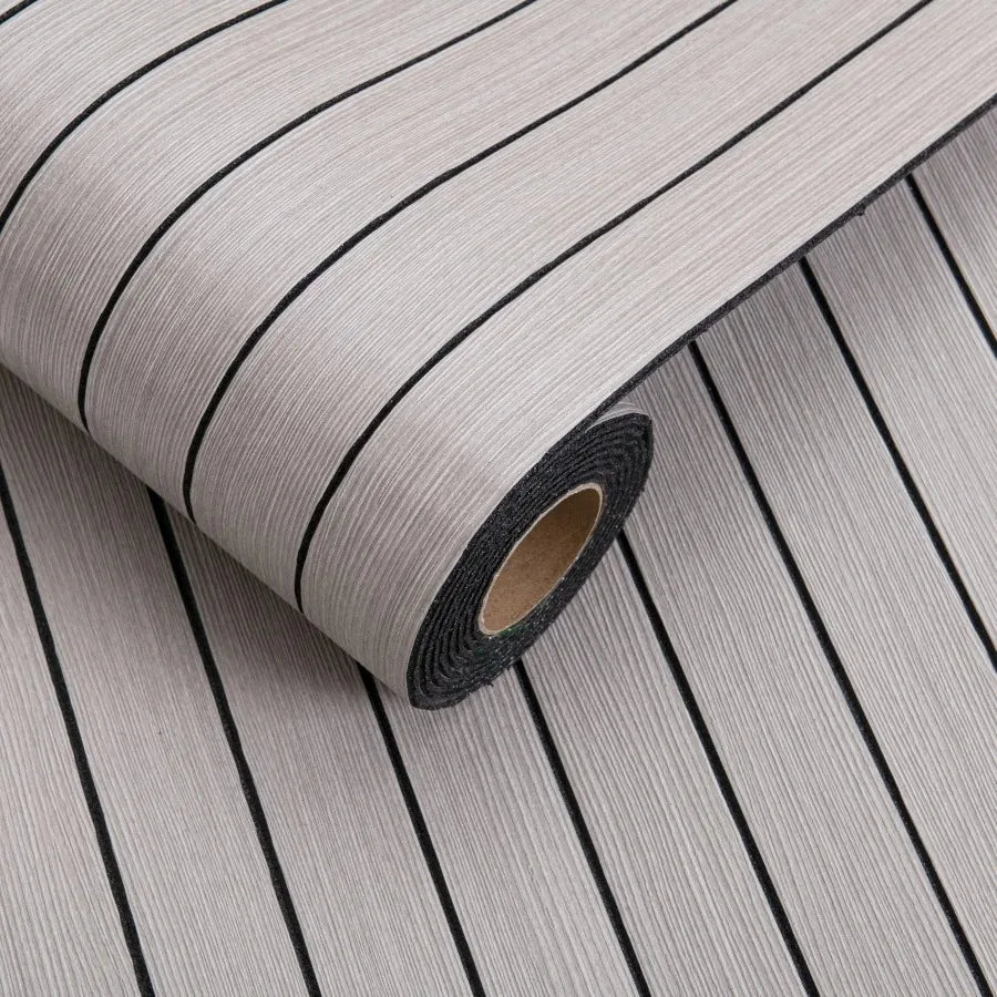 Roll of self-adhesive 3D wood grain wall panels in gray and black stripes