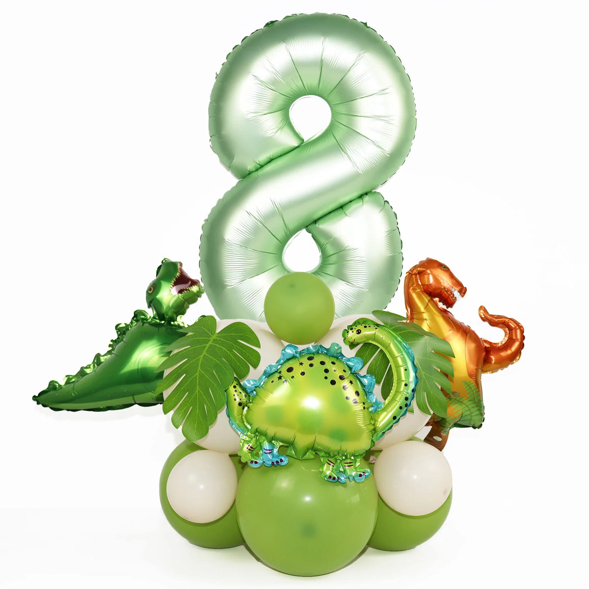Avocado green number 8 balloon set shaped like dinosaurs for a kids birthday decoration kit