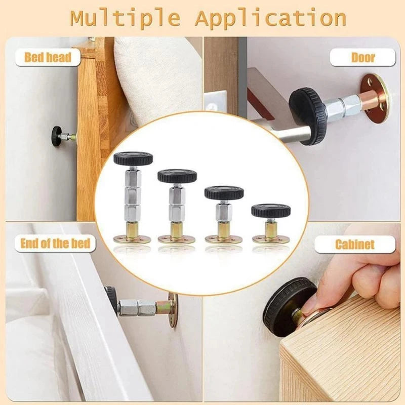 Multiple applications of an adjustable bed stabilizer showing its use on a door, cabinet, and bed head.