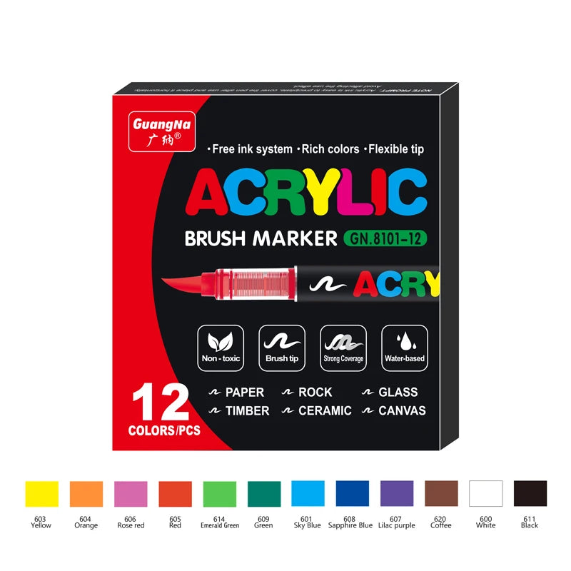 Box of 12 acrylic brush markers featuring various colors including yellow, orange, red, green, blue, and black.