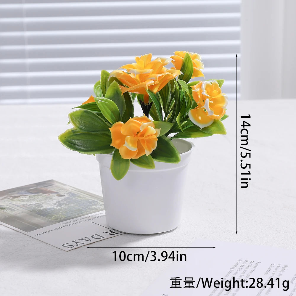 Artificial bonsai tree decoration with yellow flowers in a white pot