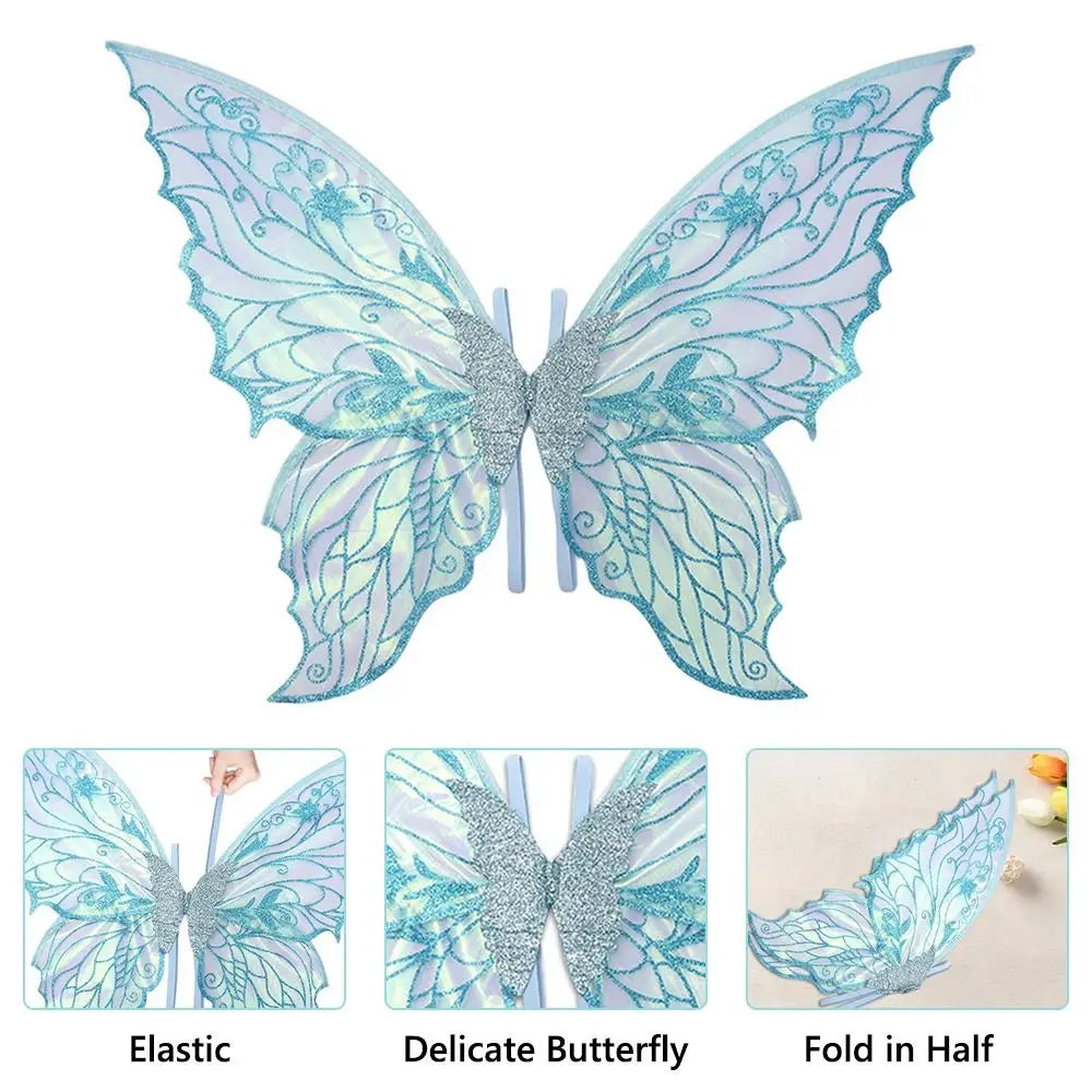 Sparkling fairy wings costume set featuring iridescent blue and teal glitter with a wand and floral crown