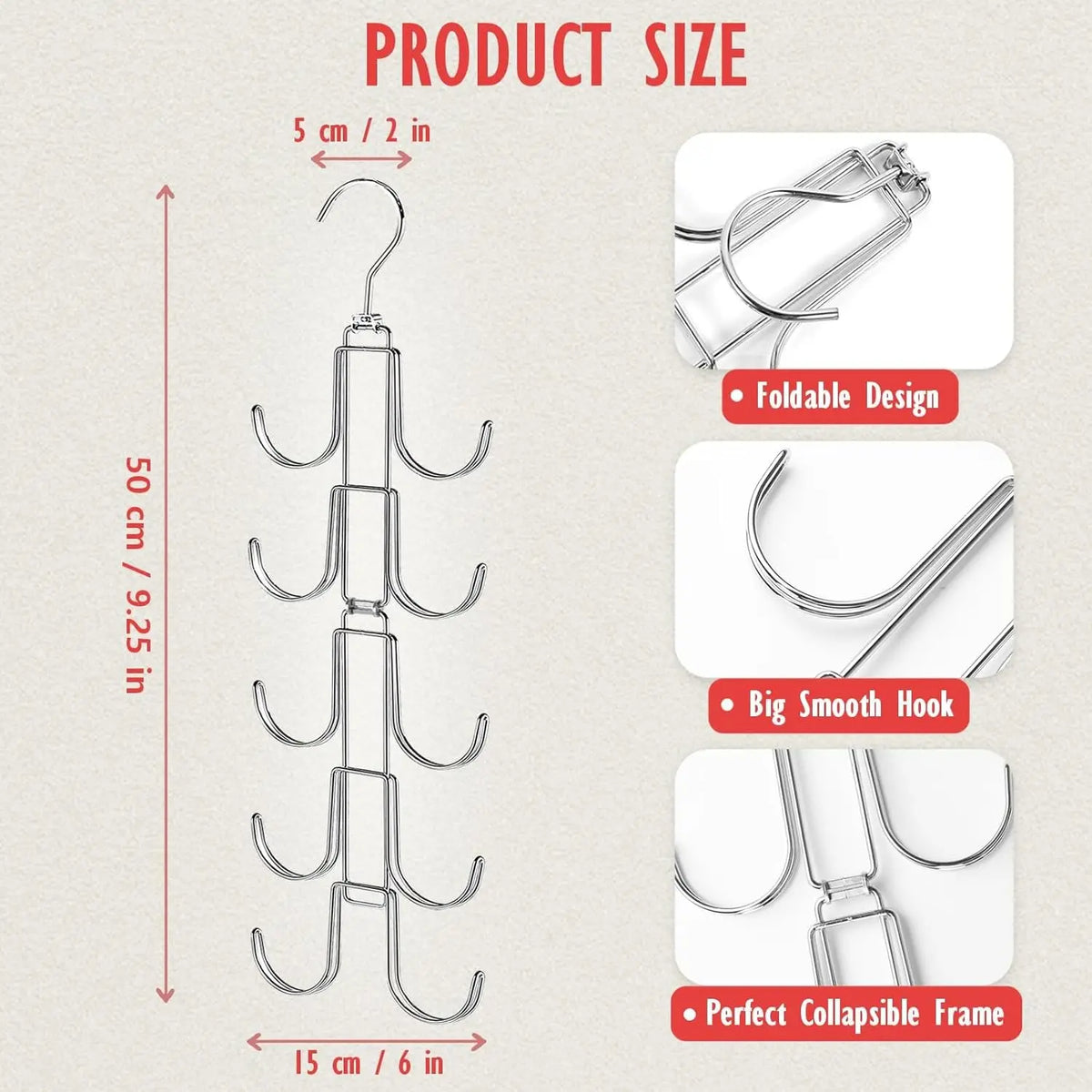 A silver 5-tier rotating organizer hanger with swivel hooks shown in various folded and expanded configurations.