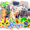 A colorful collage of icons representing Recife, Brazil, including architecture, nature, and cultural elements.