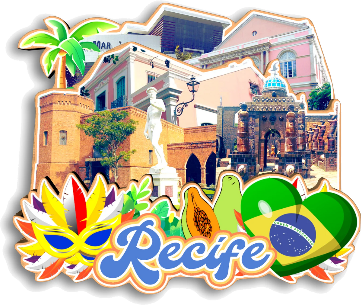 A colorful collage of icons representing Recife, Brazil, including architecture, nature, and cultural elements.
