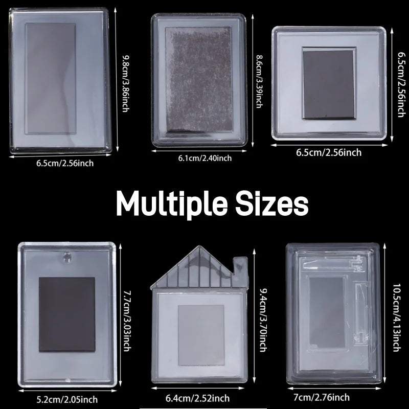 Multiple sizes of magnetic mini photo frames for fridge in clear and dark finishes