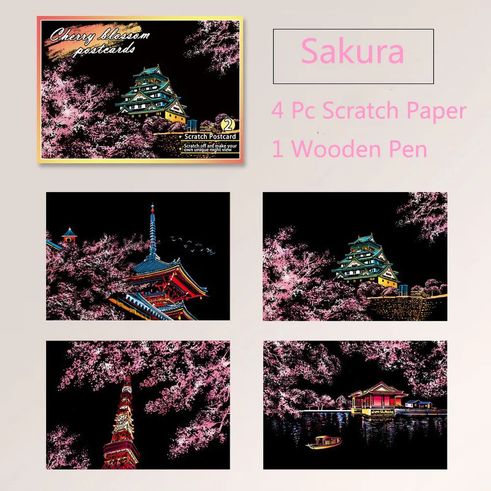 A set of four scratch paper postcards featuring cherry blossoms and Japanese architecture, along with a wooden pen.