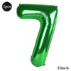 A single, shiny green foil number balloon shaped like the numeral 7, measuring 32 inches.
