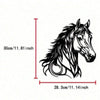 Black silhouette of a horse head with intricate lines, shown with dimension markers.