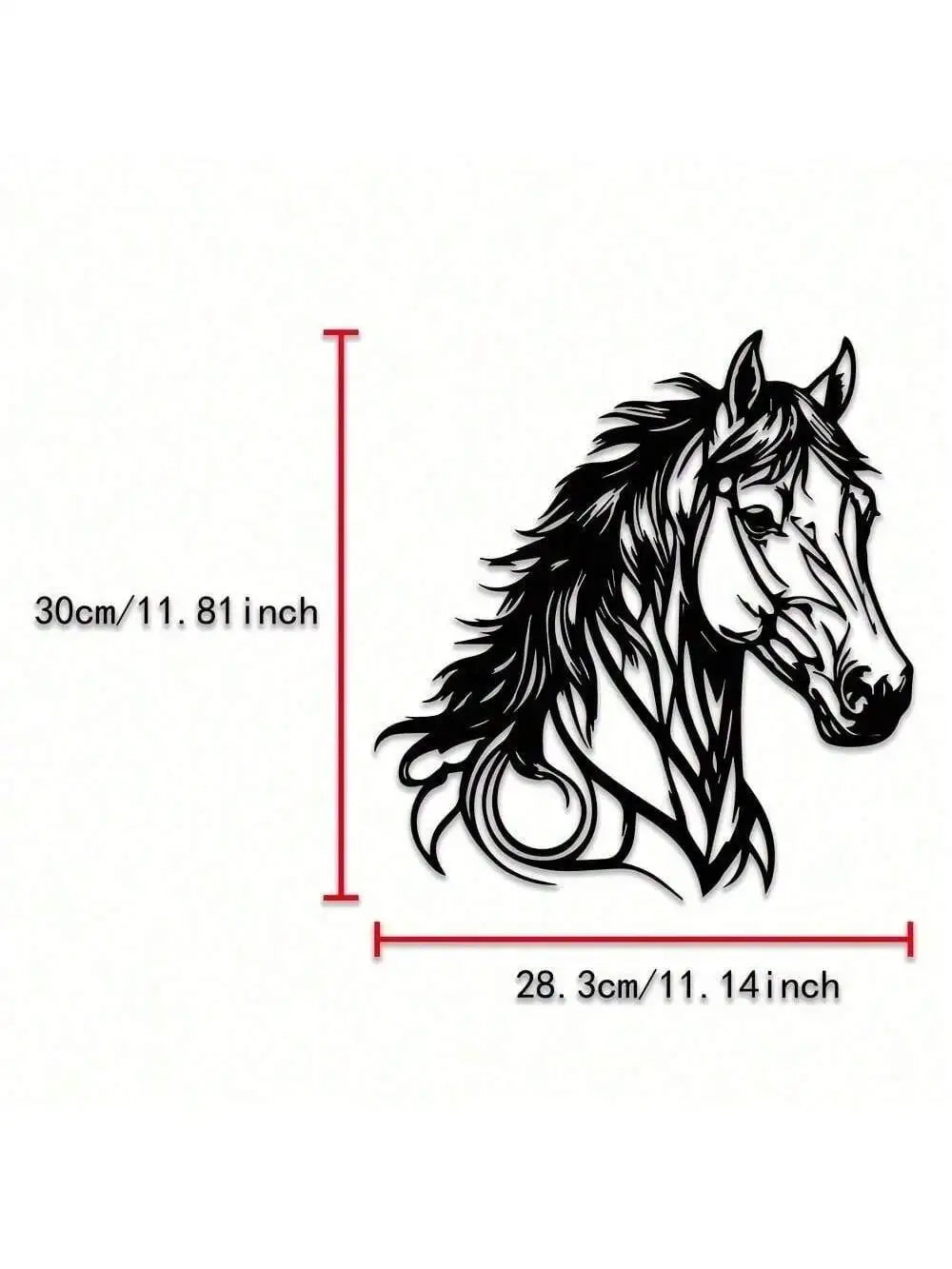 Black silhouette of a horse head with intricate lines, shown with dimension markers.