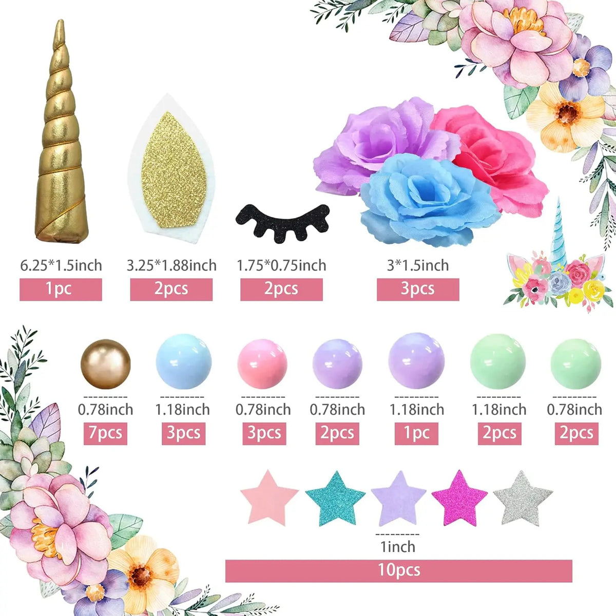 Unicorn cake decoration set featuring gold horn, pink and purple flowers, stars, and glitter balls