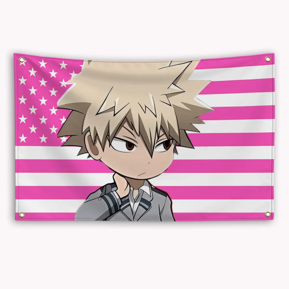 A banner featuring an anime character resembling Bakugou Katsuki against a pink and white striped American flag background.