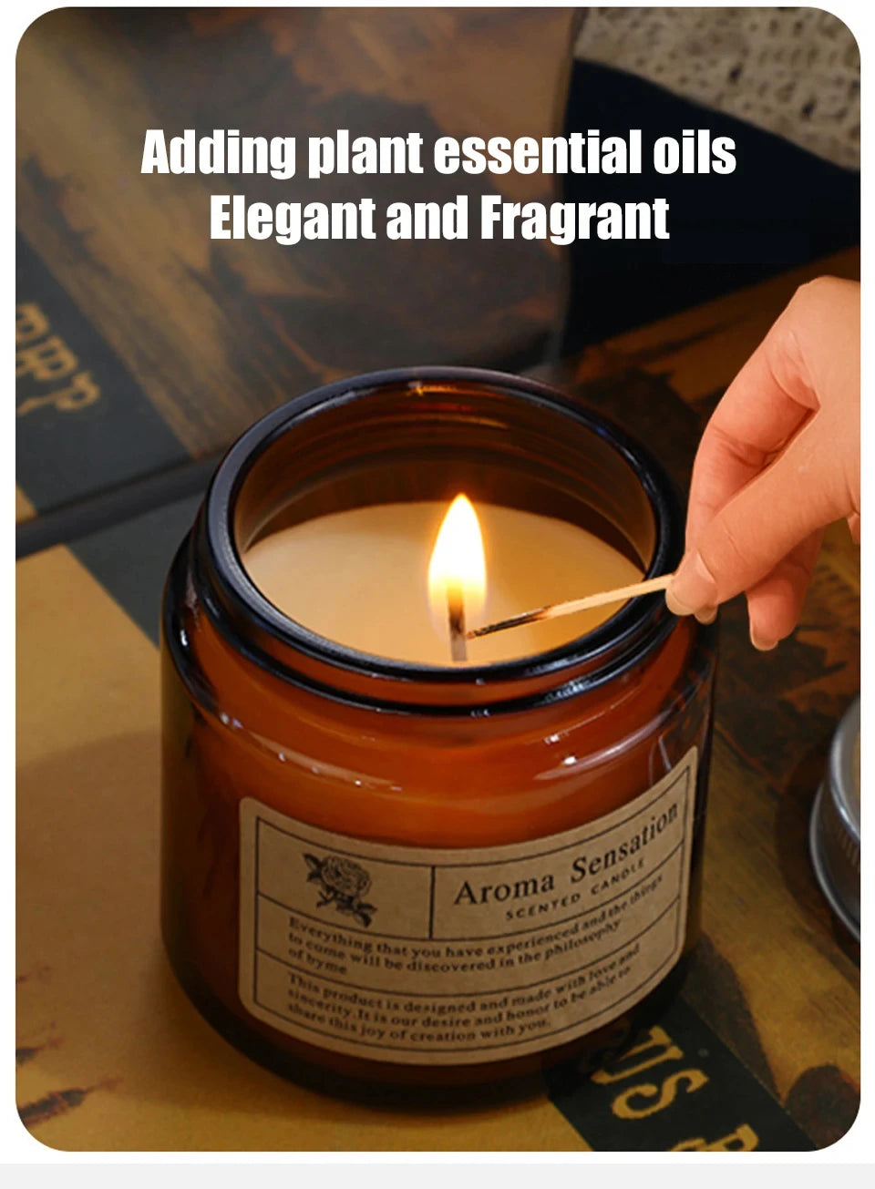 A hand-poured soy aromatherapy candle in a glass jar with a lit wick, adding plant essential oils for an elegant and fragrant