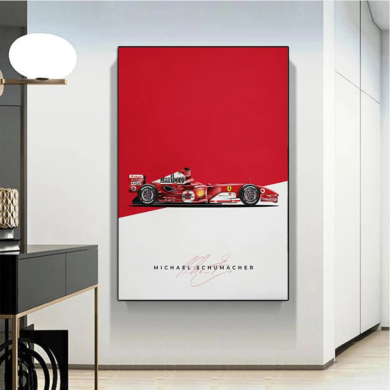 Impresión en lienzo vertical de un coche de carreras Ferrari rojo y el nombre Michael Schumacher sobre fondo blanco.