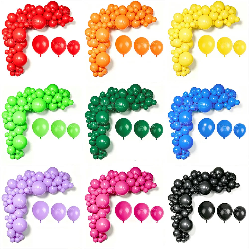 A collection of colorful latex balloons arranged in a curved garland pattern for party decoration.