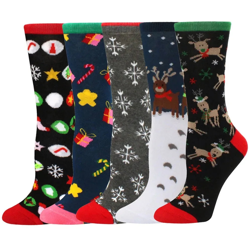 A pack of five Christmas women's socks featuring reindeer and tree patterns in various colors.