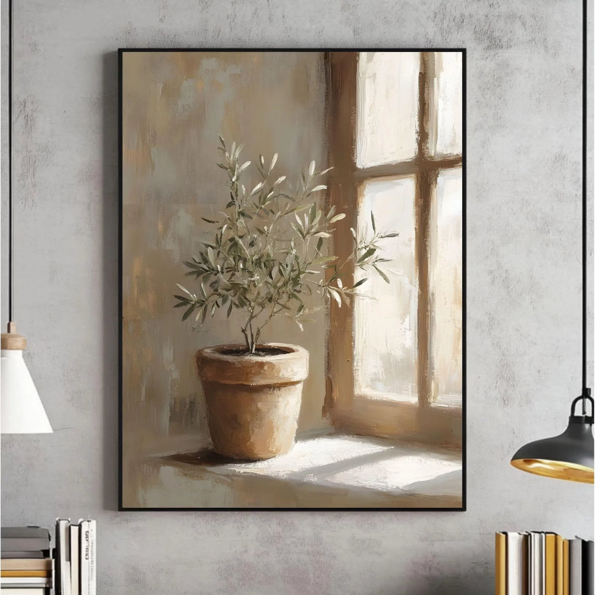 Botanical canvas wall art featuring a potted olive tree in a terracotta pot against a sunlit window.