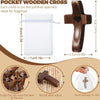 A dark brown wooden cross is shown next to a clear pouch, highlighting the product for stress relief and meditation.