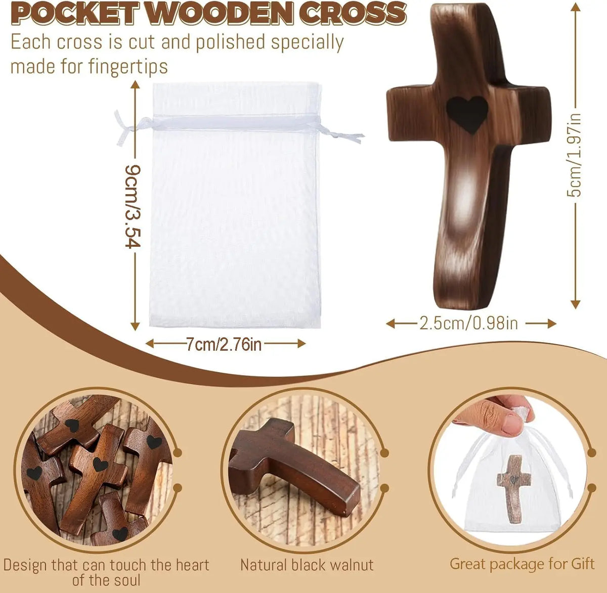 A dark brown wooden cross is shown next to a clear pouch, highlighting the product for stress relief and meditation.