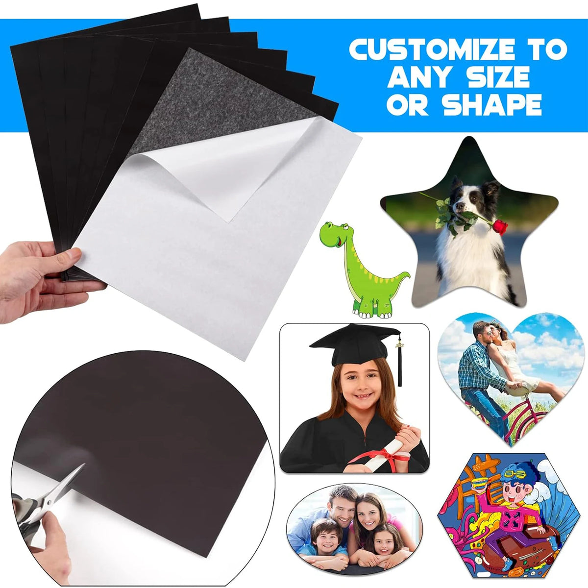 A pack of five flexible self-adhesive magnetic sheets in black and white, demonstrating customization options for various sha