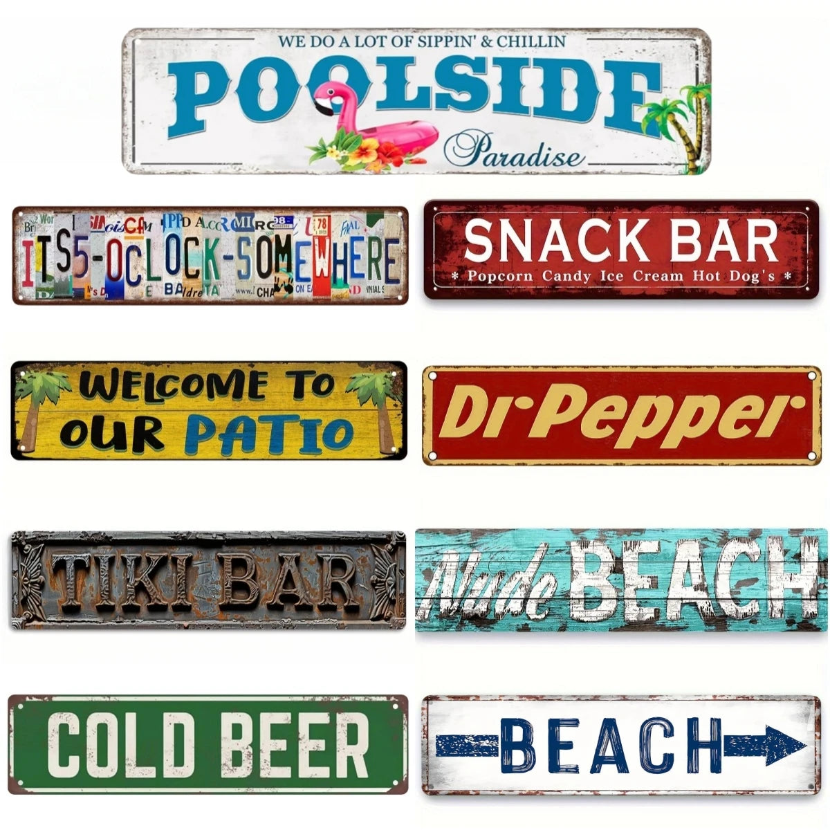 A collection of vintage metal signs featuring various bar and beach themed text like Poolside Paradise Snack Bar and Cold Bee