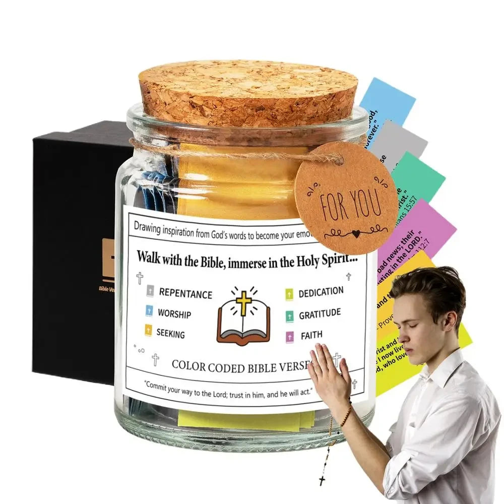 A glass jar filled with colored Bible verses and a wooden lid, demonstrating emotional guidance.