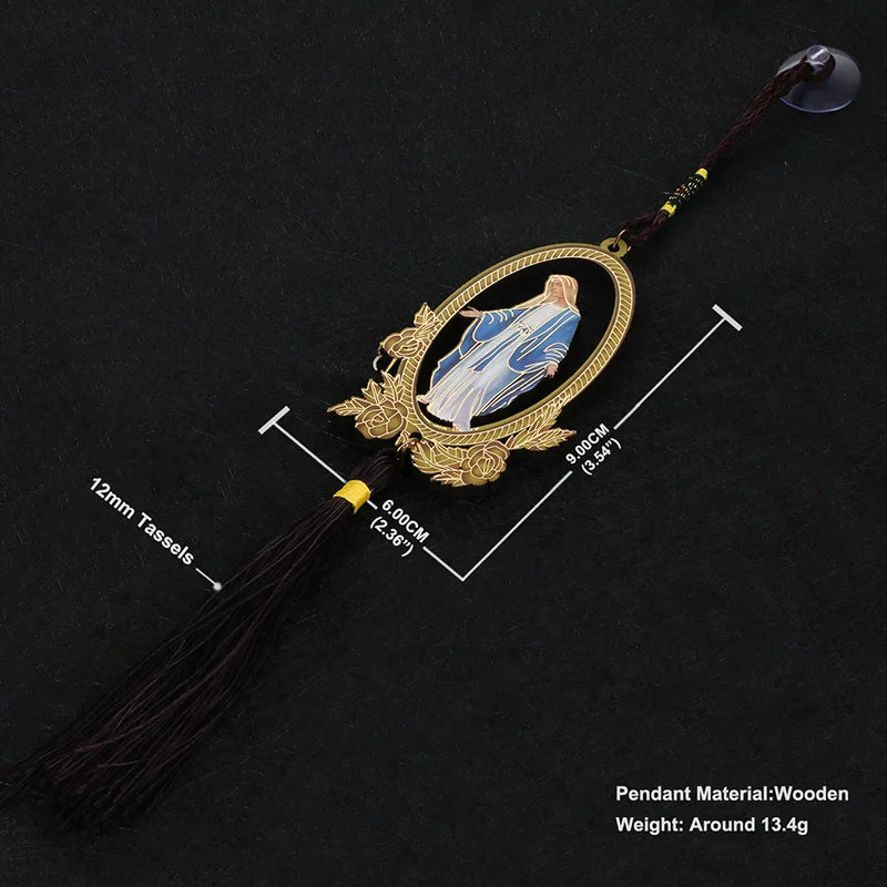 A wooden pendant ornament depicting Our Lady of Grace with gold detailing and a dark tassel.