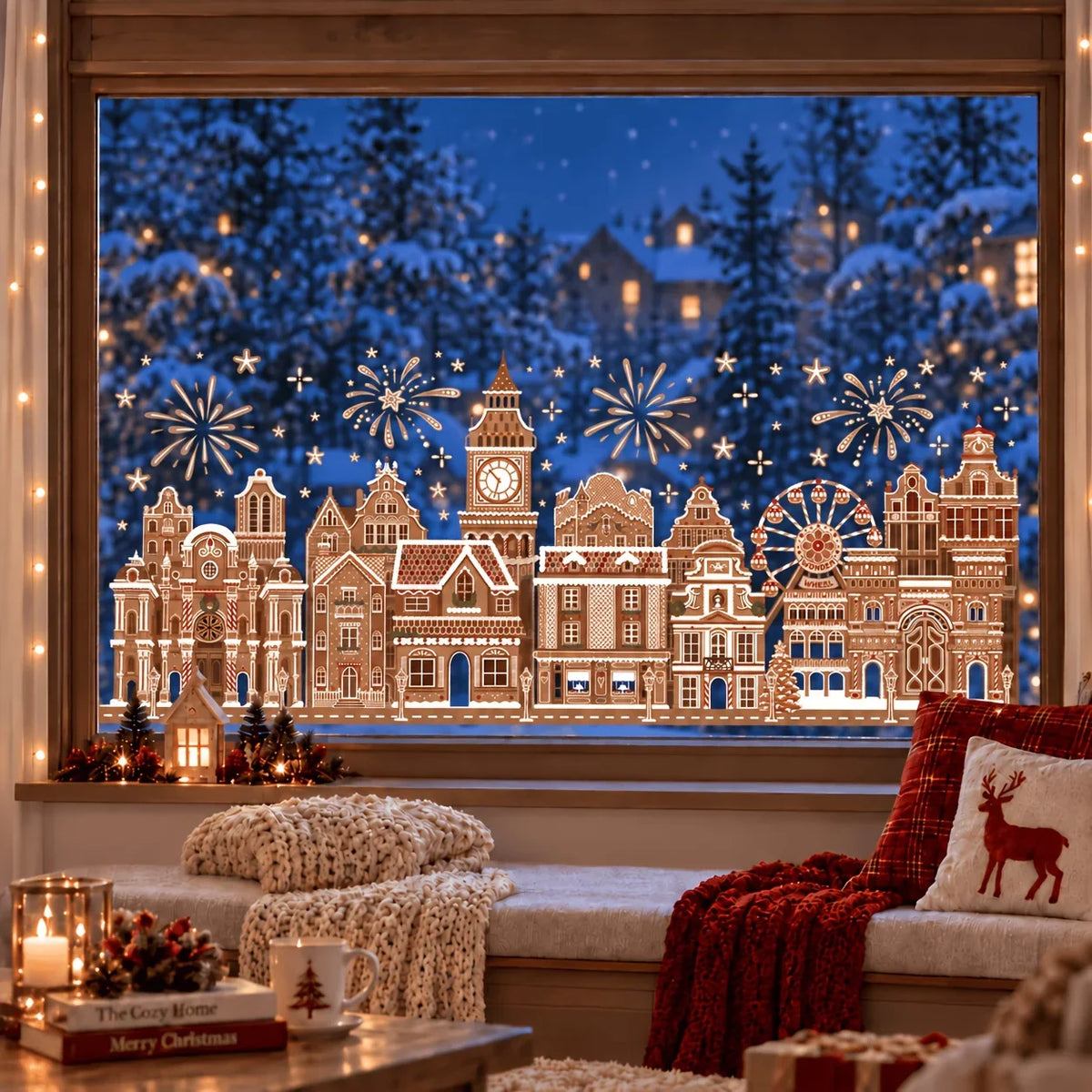 A window decorated with gingerbread houses and sparkling lights against a snowy winter landscape.