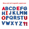 Blue and red magnetic uppercase alphabet set showing letters A through Z and a question mark exclamation point