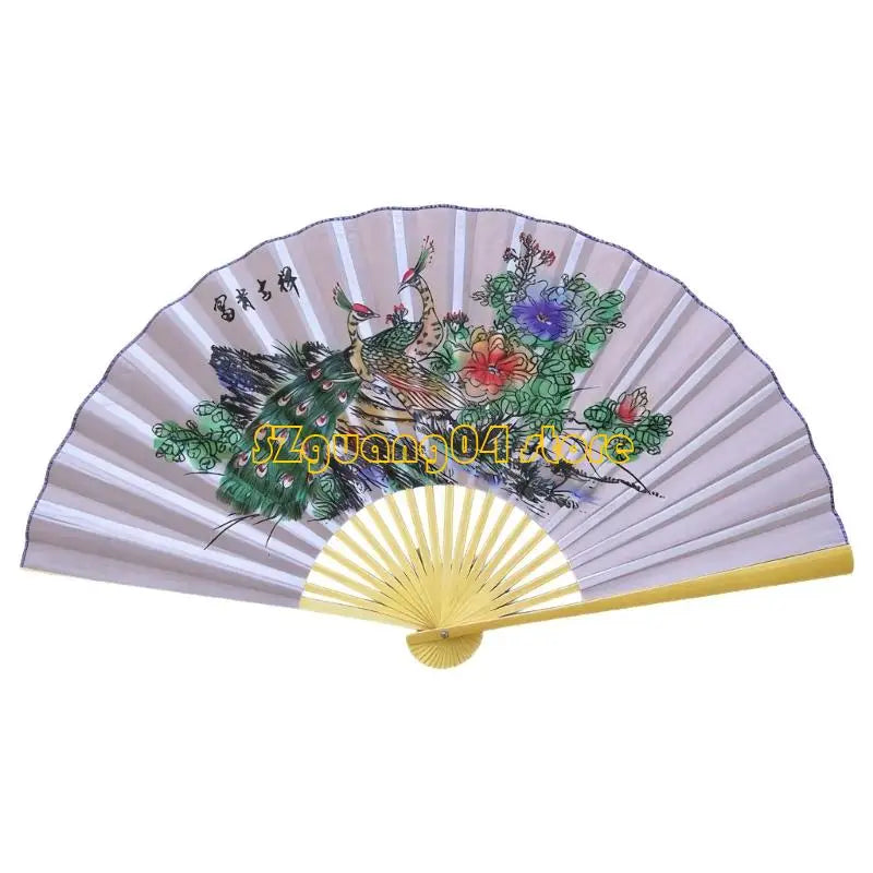 A large decorative Chinese theme wall fan with pleated paper and painted scenes of birds and flowers.