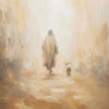 An impressionistic painting depicting a figure in a long robe walking across a textured, light-colored surface.