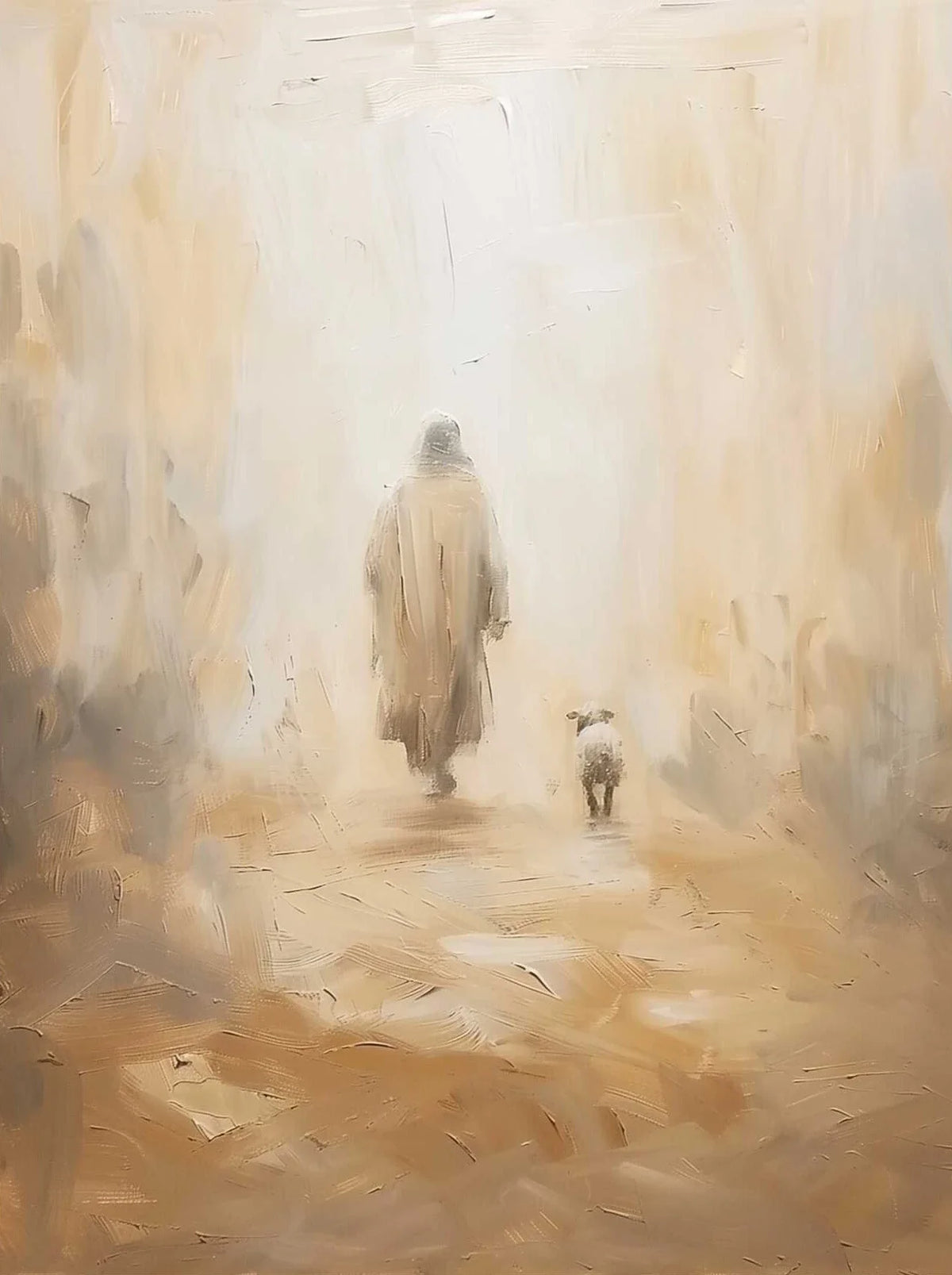 An impressionistic painting depicting a figure in a long robe walking across a textured, light-colored surface.