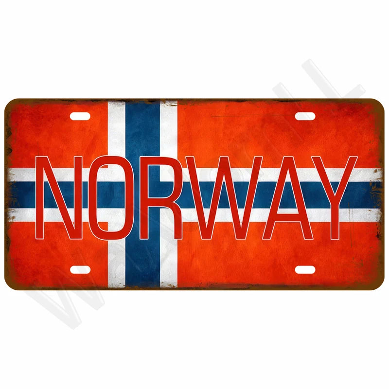 Vintage metal tin sign featuring the Norwegian flag design in red, white, and blue on an orange background.
