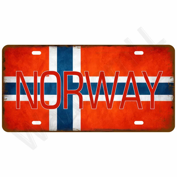Vintage metal tin sign featuring the Norwegian flag design in red, white, and blue on an orange background.