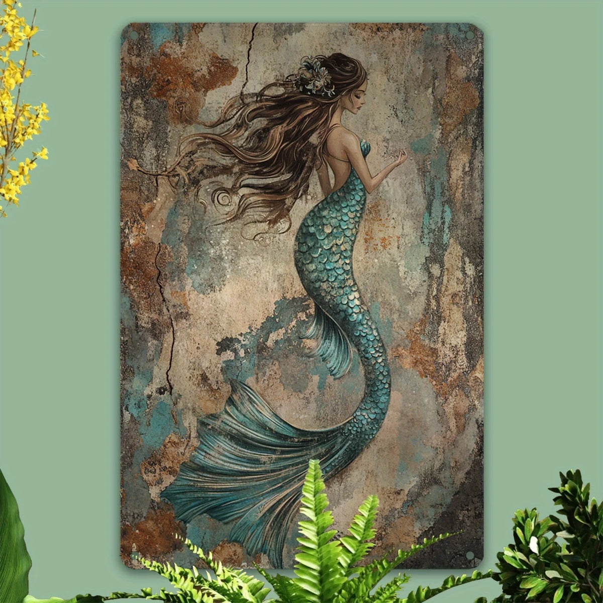 Vintage mermaid metal wall art sign featuring a female figure with long flowing hair and a teal scale tail against a distress