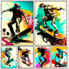 Four panels of colorful extreme sports posters featuring skateboarders in dynamic action poses