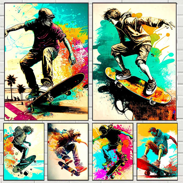 Four panels of colorful extreme sports posters featuring skateboarders in dynamic action poses