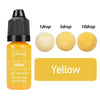 A bottle of yellow liquid colorant with dropper tips showing 1, 5, and 10 drops of yellow pigment.