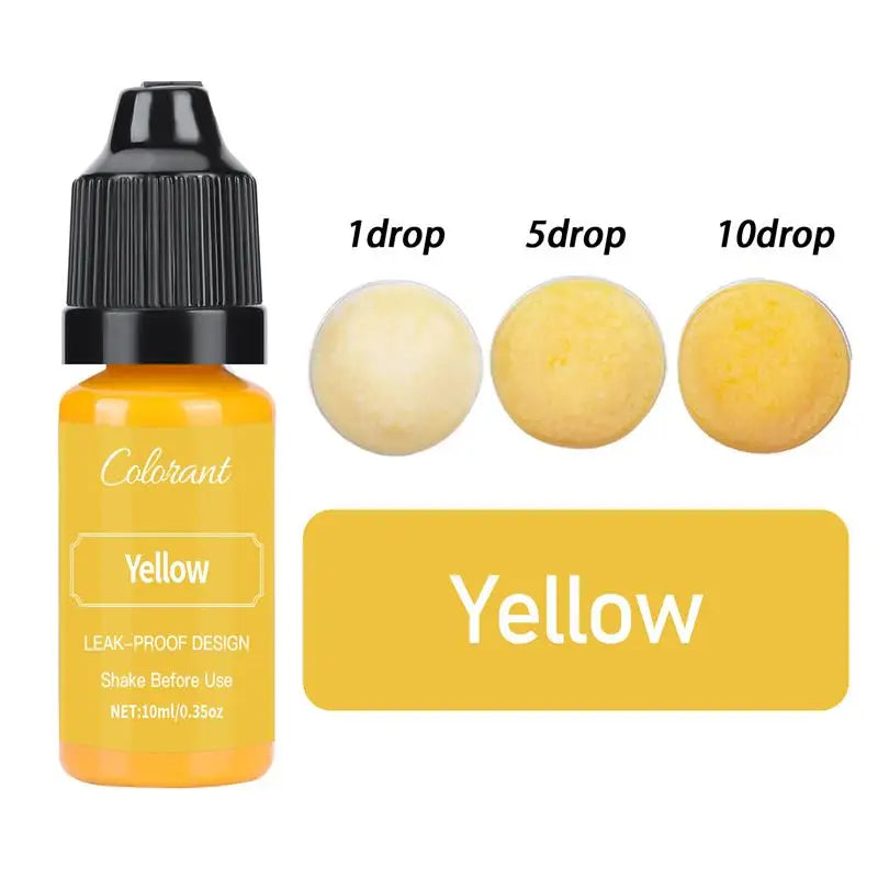 A bottle of yellow liquid colorant with dropper tips showing 1, 5, and 10 drops of yellow pigment.