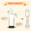 Illustration showing how to use a confetti tube to dispense party confetti.